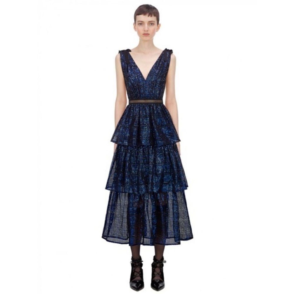 Self Portrait Check Sequin Midi Dress Black Blue size US4